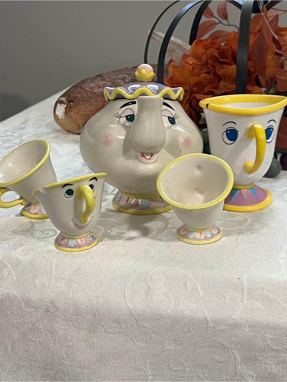 Disney Mrs. Potts and Chip Cream and Yellow Ceramic Tea Set